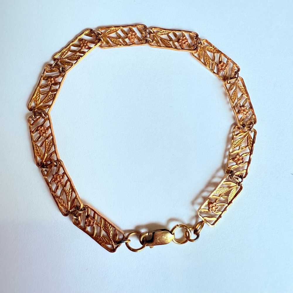 10K Solid Yellow & Rose Gold Black Hills Garland Flower Panel Bracelet